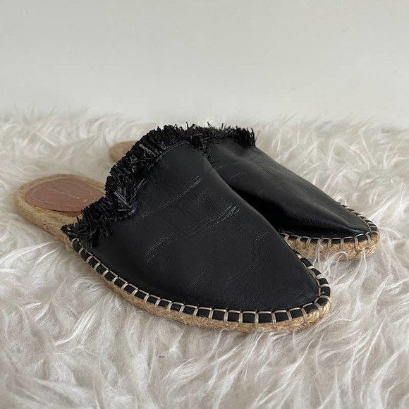 Zara Shoes - Zara Woman 36 US 6 Black Slip On Flats Mules Faux Leather Fringe